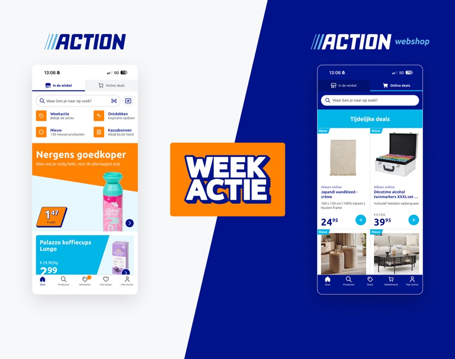 Action app- en webshopschermen op een blauwe en witte helft met een Weekactie-badge