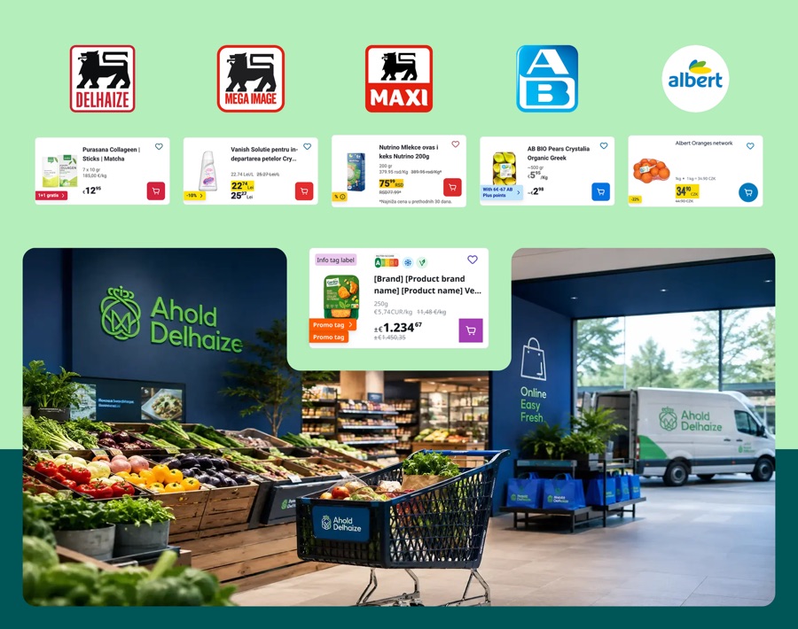 Ahold Delhaize design system: productkaarten voor Delhaize, Mega Image, Maxi, AB en Albert naast een winkelfoto