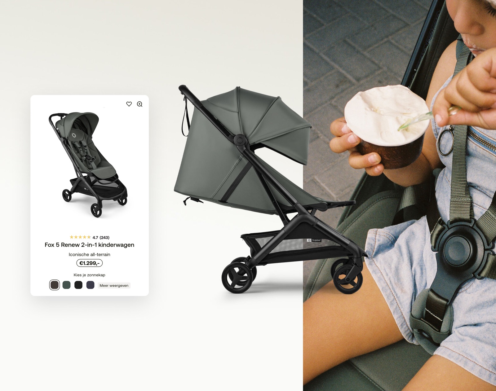 Bugaboo productpaginakaart naast een foto van een kinderwagen