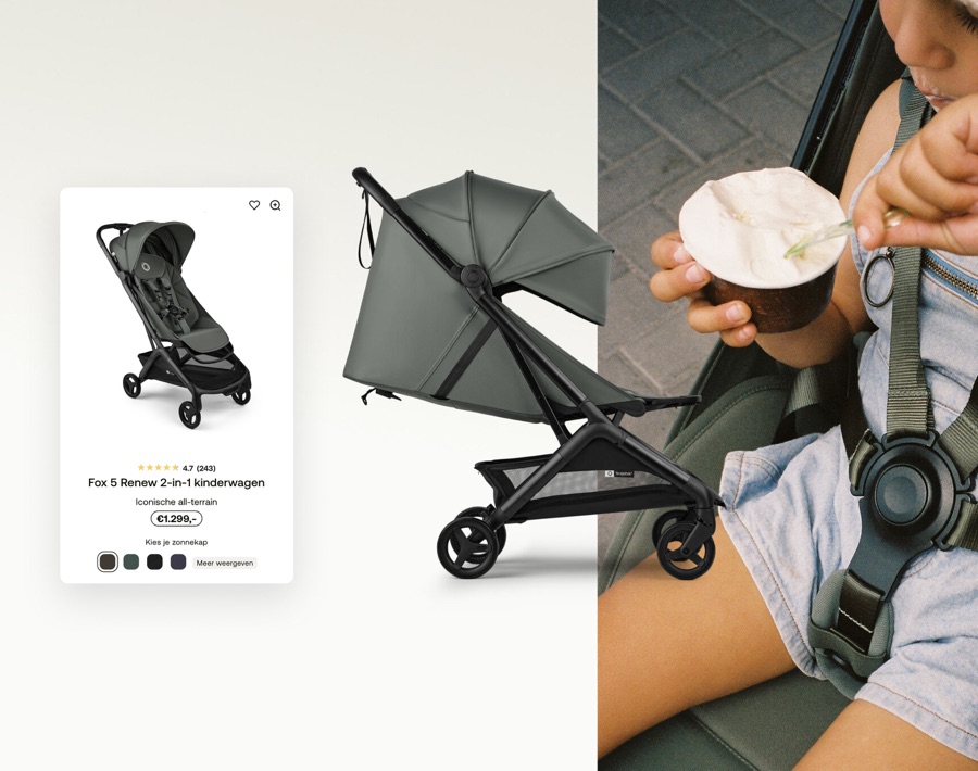 Bugaboo productpaginakaart naast een foto van een kinderwagen