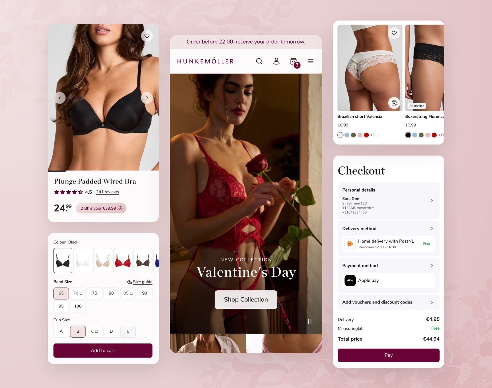 Hunkemöller webshopschermen: productpagina, homepage met Valentijnscampagne en checkout